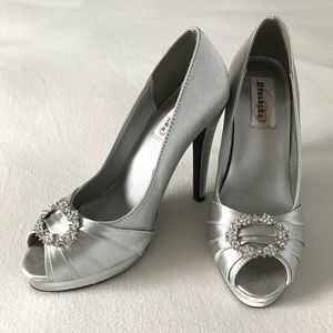 Dyeables Silver Satin Rhinestone Peep Toe Pumps
